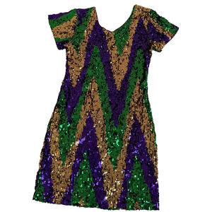 Women's Purple Green Gold Sequined Mardi Gras Pullover Dress Size S #260472